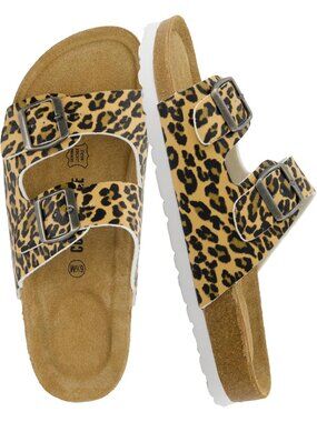 Womens Leopard Footbed Sandals Comfort Double Buckle Two Strap Slide Flats Shoes